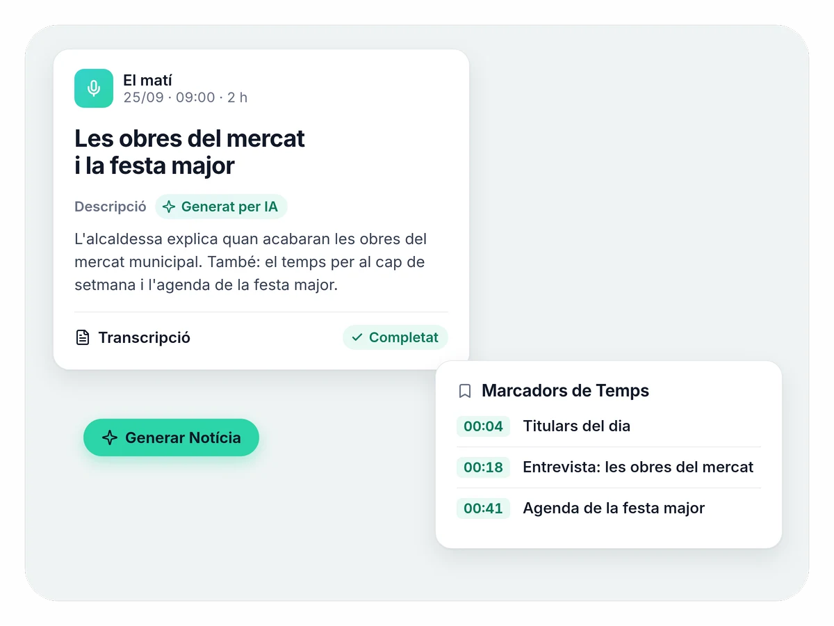 Un episodi d'El matí amb el títol i la descripció generats per IA, la transcripció completada, tres marcadors de temps amb els temes del programa i el botó «Generar Notícia».