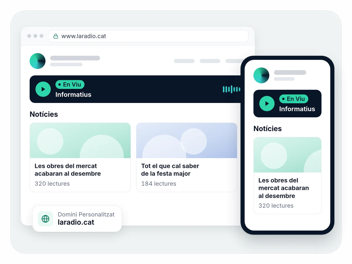 La web d'una ràdio amb domini propi, www.laradio.cat, en un navegador i en un mòbil, amb el reproductor del directe i les notícies.