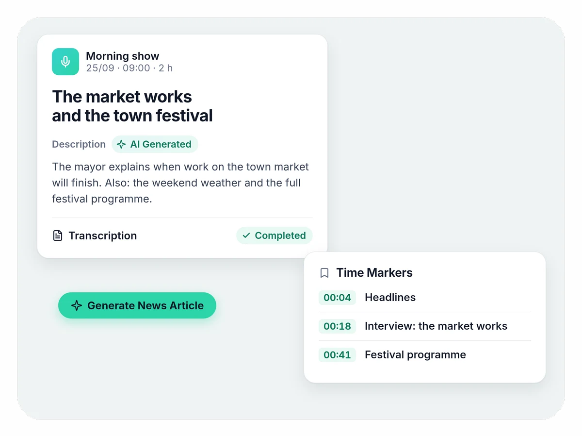 A Morning show episode with its AI-generated title and description, the completed transcript, three time markers with the show's topics and the “Generate News Article” button.